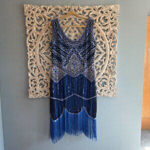 FUNDAISY Blue Silver Beaded Fringed 1920's Flapper Gatsby Dress Size XXL